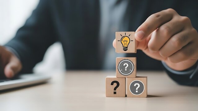 A businessman contemplates a glowing lightbulb symbol atop building blocks with question marks representing innovative solutions - Powered by Adobe