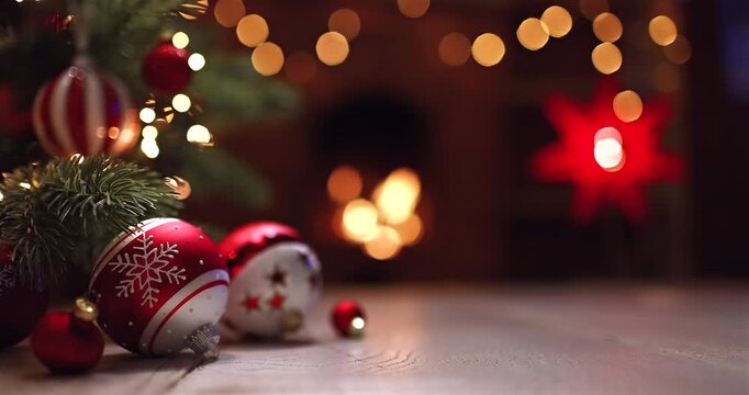 Christmas tree with toys and a flickering fireplace with the Star of Bethlehem symbol