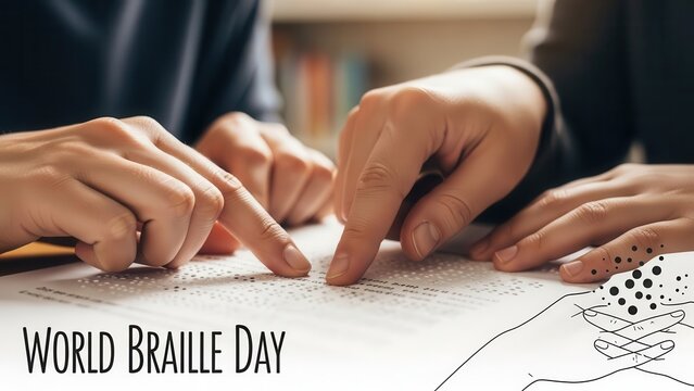 Close-up on fingers reading braille text, celebrating World Braille Day and accessibility for visually impaired people - Powered by Adobe