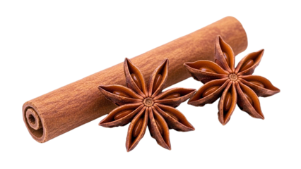 Cinnamon stick and star anise spices close up isolated on transparent background