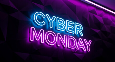 Neon sign with the words Cyber Monday, in blue and magenta, against a geometric dark wall, representing holiday shopping and special discount