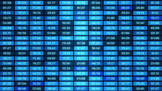 Spreadsheet with financial figures, business data, rates, blue colored. Information, revenue, sales data, stock market research, financial report, strategy and planning. 3D animation