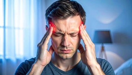 Close up of man experiencing intense head pain with glowing red temples eyes closed in distress and hands pressed against his head in a dimly lit bedroom with blue ambient light highlighting his
