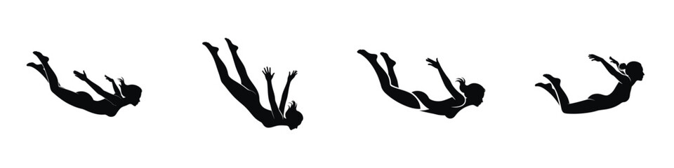 Black Skydiving Silhouette Set: Extreme Sport, Freefall, and Parachute Jumper Vector Figures © Parvez