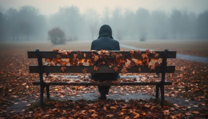 Lonely Figure on Autumn Park Bench Covered in Fallen Leaves