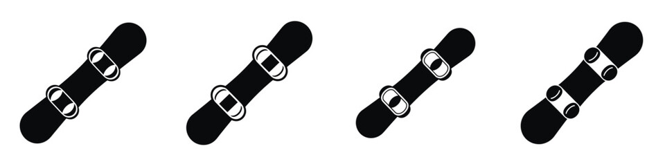 Black Snowboard Vector Icon Set with Bindings: Winter Sport, Slope Equipment, and Extreme Leisure Symbol