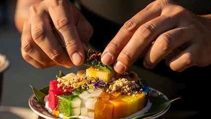 A chef's hands carefully garnishing a colorful Asian dessert. Close-up of preparing a traditional sweet jelly cake with edible flowers. Gourmet food styling concept