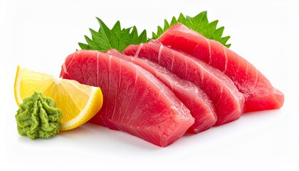 Tuna Sashimi with Shiso Leaves Lemon and Wasabi on White Surface in Japanese Culinary Presentation