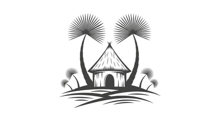 Rustic African Hut Village Scene Palm Trees Tropical Travel Tourism Logo Design Element