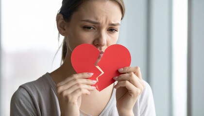 Close Up Portrait Of A Distressed Young Woman Holding A Broken Red Heart Symbol Sadness Grief Heartbreak Emotional Pain And Loneliness Concept Over Blurred Bright Window Background