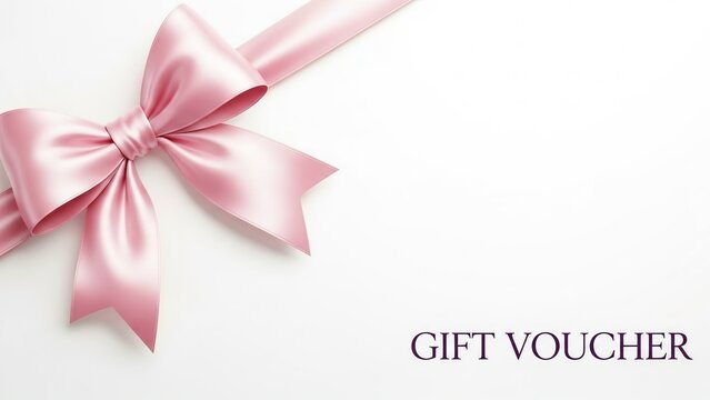 Elegant pink satin ribbon bow on a clean white background with gift voucher text - Powered by Adobe