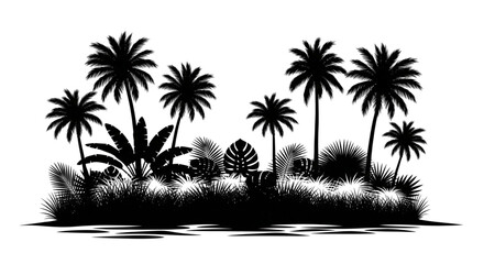 Tropical Island Silhouette Palm Trees Jungle Water Edge for Travel Vacation Design Elements
