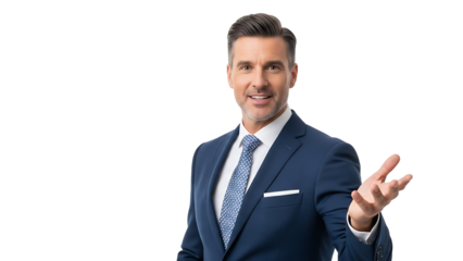 A well-dressed man in a suit gestures with his hand and looks into the camera, ready to explain his work