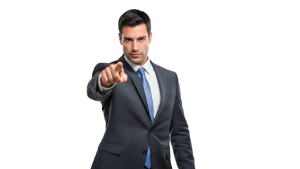 A professional person points his finger at the camera with a confident expression. The man is wearing a dark suit with a tie