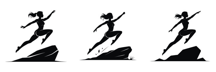 Black Silhouette of Woman Leaping Over Rock: Female Athlete Running, Jumping, and Action Vector Graphic