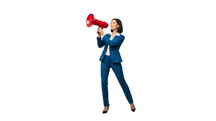 A woman confidently speaks into a bright red megaphone, conveying a powerful message 