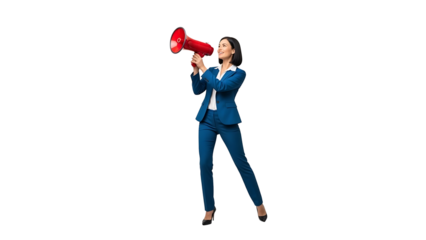 A woman confidently speaks into a bright red megaphone, conveying a powerful message 