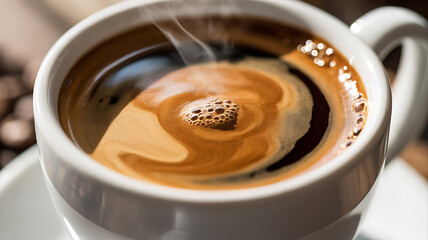 Delicious hot espresso coffee with rich crema and rising steam in white cup