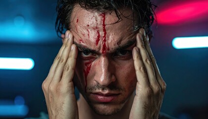 Close Up Portrait Of A Man With A Bloody Face And Sweating Holding His Head In Pain With Out Of Focus Red And Blue Lights In The Background