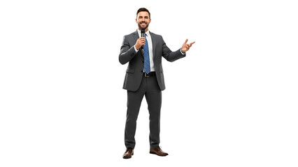 A business professional confidently addressing an audience while holding a microphone and gesturing with his hand. He is wearing a formal suit and smiling confidently.