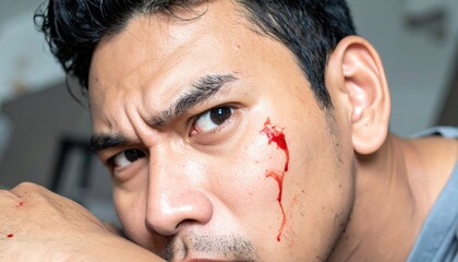 Close Up Portrait Of A Man With A Deep Facial Wound Showing Intense Pain Shock And A Bleeding Injury On His Cheek Under Harsh Lighting
