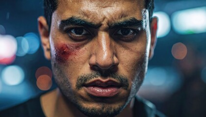 Close Up Portrait of a Sweaty Man with Facial Bruise and Intense Stare in Dramatic Lighting Outdoor Night Scene with Bokeh Lights Background