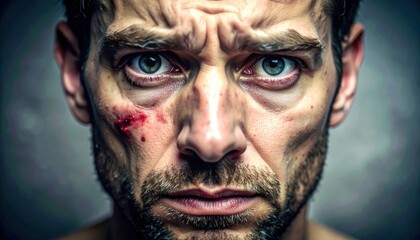 Close Up Portrait of a Man With Eyes Wide in Pain Showing a Visible Wound on His Cheek in Dramatic Lighting