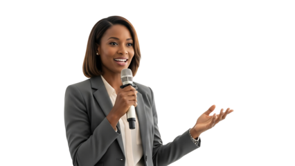 A professional woman giving a speech with a microphone, gesturing expressively