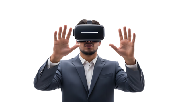 Man wearing a virtual reality headset, experiencing an immersive digital world. He is standing with both hands out in front of him, as if interacting with something in the virtual space.  - Powered by Adobe