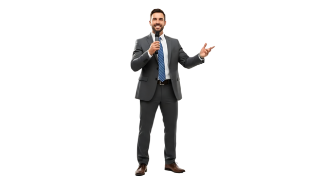 A business professional confidently addressing an audience while holding a microphone and gesturing with his hand. He is wearing a formal suit and smiling confidently. - Powered by Adobe