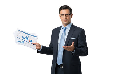 A businessman in a suit confidently presents financial data documents. He is wearing glasses and making a welcoming gesture. The image captures a professional and informative atmosphere.