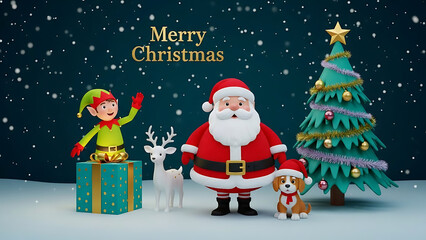 Merry Christmas Scene with Santa, Elf, Reindeer, Dog, and Decorated Tree