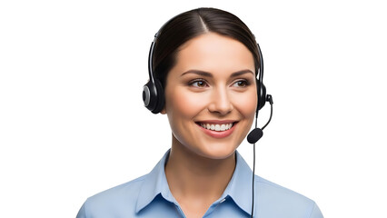 Smiling customer service representative wearing a headset, ready to assist. Her pleasant demeanor and attentive gaze, embodying approachability and reliability.