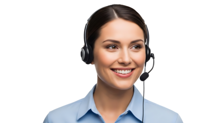 Smiling customer service representative wearing a headset, ready to assist. Her pleasant demeanor and attentive gaze, embodying approachability and reliability.