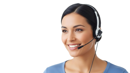 A smiling customer service representative wearing a headset. She looks professional and friendly