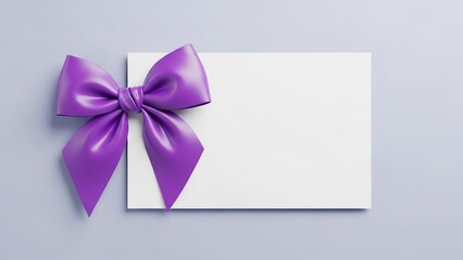 A vibrant purple satin bow adorns a blank white card on a soft blue background