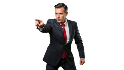 A determined man in a business suit points his finger, full of confidence