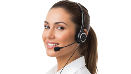 Smiling customer support agent with a headset providing assistance and support