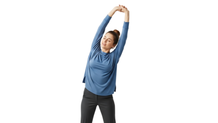A woman stretching her arms to the side, maintaining a healthy lifestyle. She is focused on fitness and maintaining a great body shape