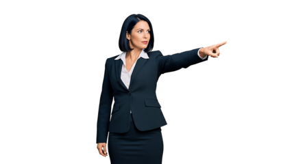 A professional woman in a suit pointing with her finger