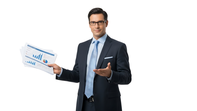 A businessman in a suit confidently presents financial data documents. He is wearing glasses and making a welcoming gesture. The image captures a professional and informative atmosphere. - Powered by Adobe