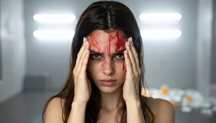 Close Up Portrait Of A Woman With Blood On Her Face Showing Pain And Shock With Hands On Temples In A White Room With Fluorescent Lights