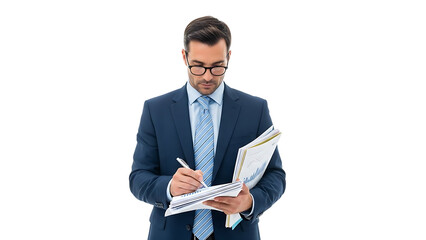 A professional man focused on writing on paperwork, in a blue suit and glasses. 