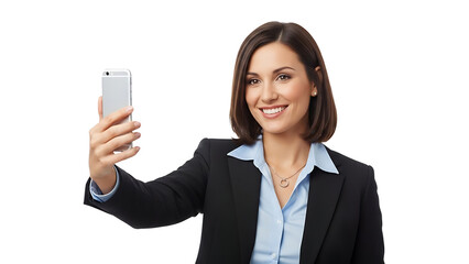 A woman is taking a selfie with her phone, expressing a joyful moment and smiling widely