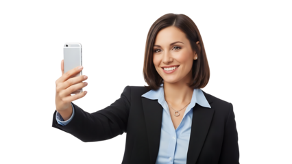 A woman is taking a selfie with her phone, expressing a joyful moment and smiling widely
