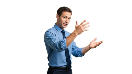 A businessman explaining something with his hands in a blue shirt and tie