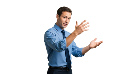 A businessman explaining something with his hands in a blue shirt and tie