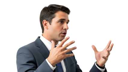 A focused and engaging business person communicating with hand gestures. He is likely addressing an audience or engaging in a persuasive discussion. 