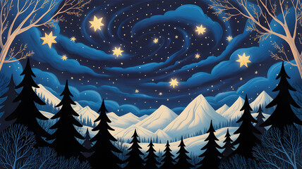 Magical winter landscape with glowing lights and a starry night sky above snow covered mountains