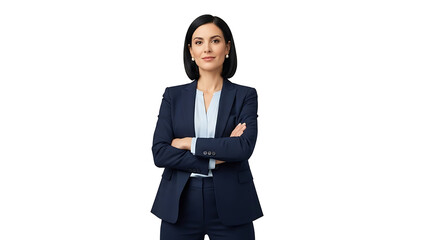 A Confident Businesswoman in a Suit with arms crossed. A poised woman in a navy suit, exuding professionalism and confidence, arms crossed, perfect for business or corporate contexts